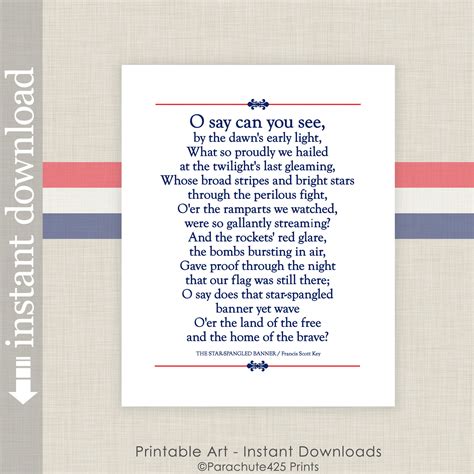 Star Spangled Banner Printable Lyrics - Etsy