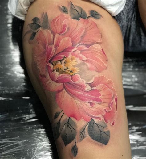 Amazing pink peony tattoo on the thigh done by @ilovetoink | www ...