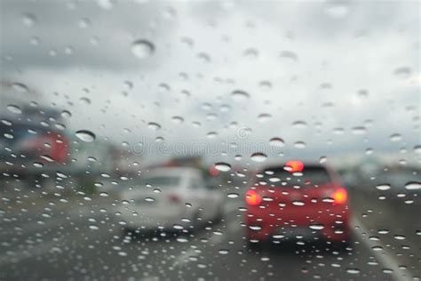 Road View through Car Window with Rain Drops Driving in Rain. Stock Photo - Image of nature ...