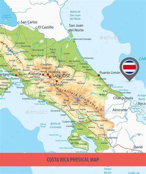 Costa Rica Physical Map San Rafael, Manila, Costa Rica, Rivers And Roads, America Map, Latin ...