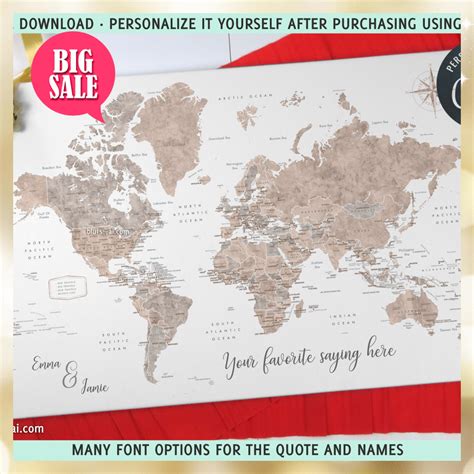 Personalized PRINTABLE world map with countries, states and country capitals, "Abey", edit-it ...