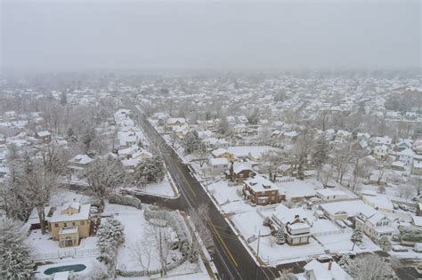 Aerial View of the Snowfall after Severe Winter in a American Small ...