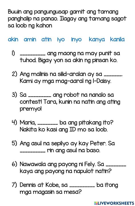 Panghalip Paari worksheet | Color activities, Workbook, School subjects