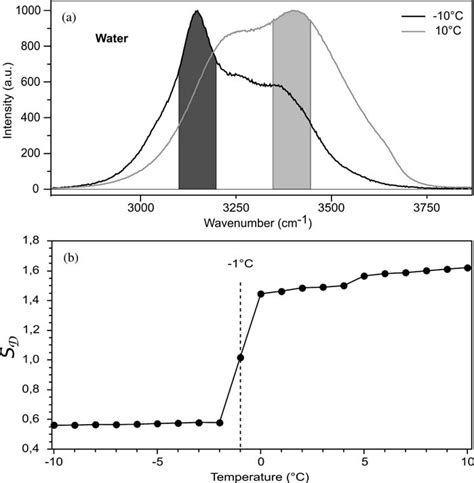 Normalized Raman spectra of liquid water at 10 8C and ice at À10 8C and... | Download Scientific ...