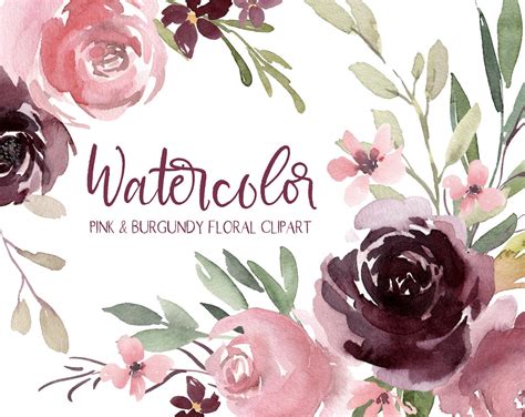 Watercolor Flowers Clipart Pink Blush Burgundy Vintage Retro Floral Old ...