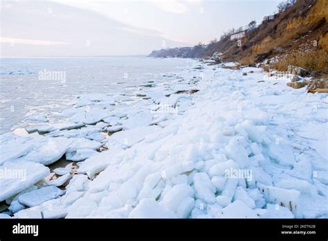 The frozen winter Azov sea on the beach of Taganrog city, Rostov region of Russia Stock Photo ...