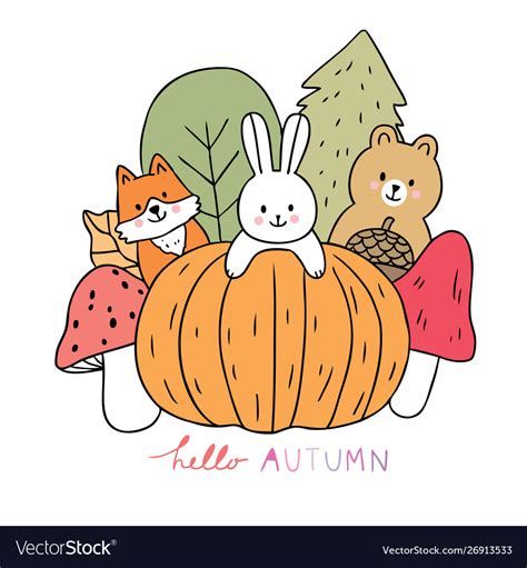 Cartoon cute animals autumn and pumpkin Royalty Free Vector