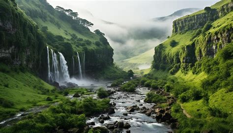 Premium AI Image | Shot of mountain waterfall partially hidden by mist