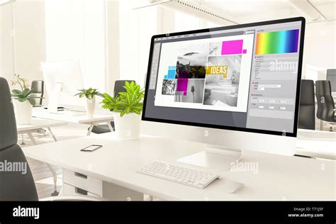 graphic design screen mockup computer in loft office 3d rendering Stock Photo - Alamy