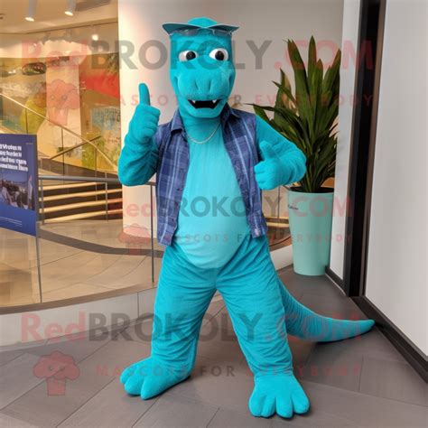 Turquoise Loch Ness Monster mascot costume character dressed with a Bootcut Jeans and Bracelet ...