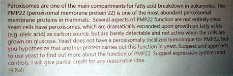 SOLVED: Peroxisomes are one of the main compartments for fatty acid ...