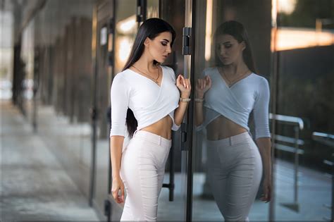 White Jeans Girl Looking Towards Glass Wallpaper,HD Girls Wallpapers,4k ...