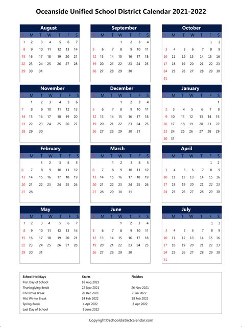 Oceanside Unified School District Calendar Holidays 2021-2022