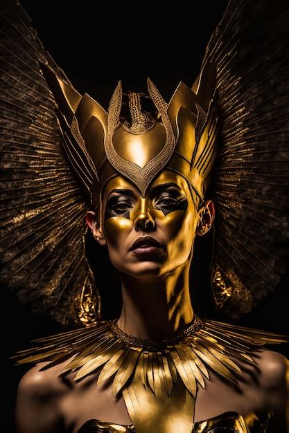 Premium AI Image | A woman in a gold costume with a gold headdress and ...