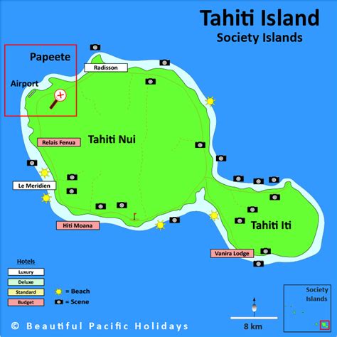 Map of Tahiti Island in French Polynesia showing Hotel Locations