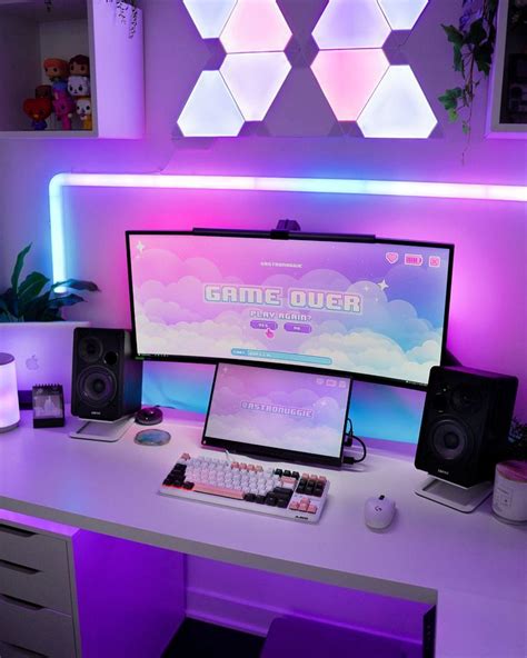 Pink gaming setup for girls. kawaii cute room with pink purple and blue RGB lights. pastel ...