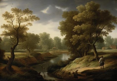 Premium AI Image | A painting of a river with a man and a tree on the left.