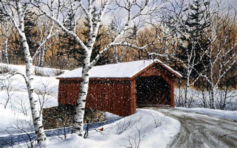 Red Bridge Lane ~ Kathy Glasnap | Covered bridge painting, Bridge painting, Winter painting