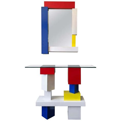 De Stijl Mondrian Style Console Table and Mirror, Signed, 1994 at 1stDibs