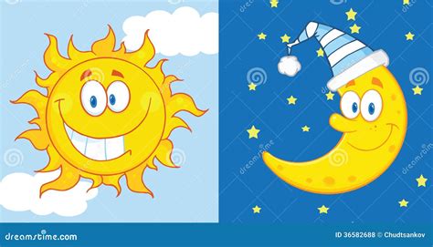 Sun And Moon Cartoon Characters Stock Illustration - Image: 36582688