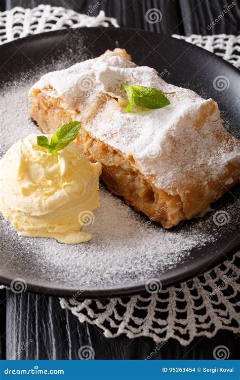 Freshly Baked Apple Strudel with Vanilla Ice Cream and Mint Clos Stock Photo - Image of dinner ...