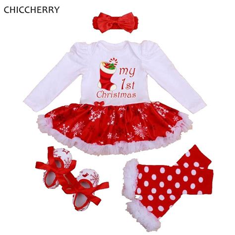 My First Christmas Baby Girl Clothes Lace Romper Dress Headband Leg ...