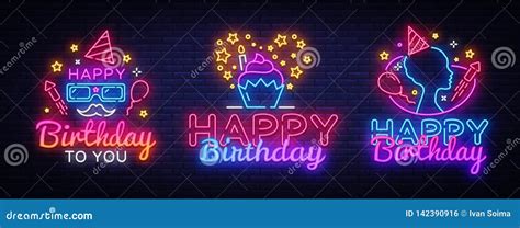 Happy Birthday Neon Signs Set Design Template. Big Collection Happy Birthday Greeting Cards ...