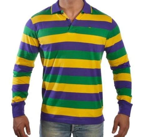 Mardi Gras Long Sleeve Polo Shirt (Traditional Stripes) | Poree's Embroidery