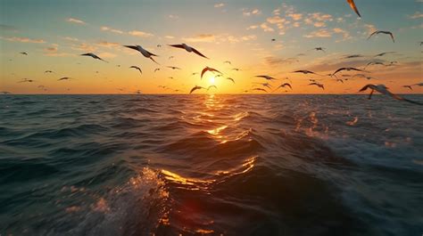 Premium AI Image | Birds Flying Over the Ocean at Sunset