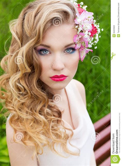 Beautiful Tender Sweet Girl In A White Dress With A Wedding Hairdo Curls Bright Makeup And Red ...