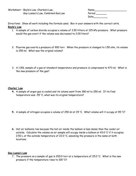 Worksheet Ã¢Â€Â“ Boyle's Law, Charles's Law ...