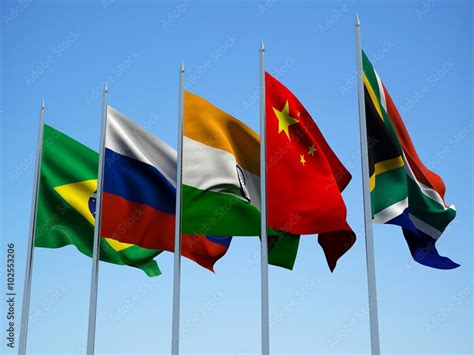 BRICS countries flags waving in the wind with a blue sky background. 3d illustration Stock ...