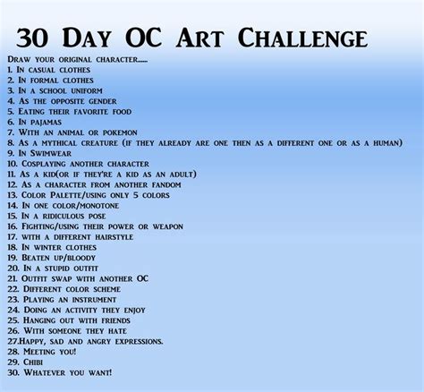 the 30 day oc art challenge is on display in front of a blue background