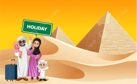 Arabian Family On Holiday Person Clothing Pyramid Vector, Person ...