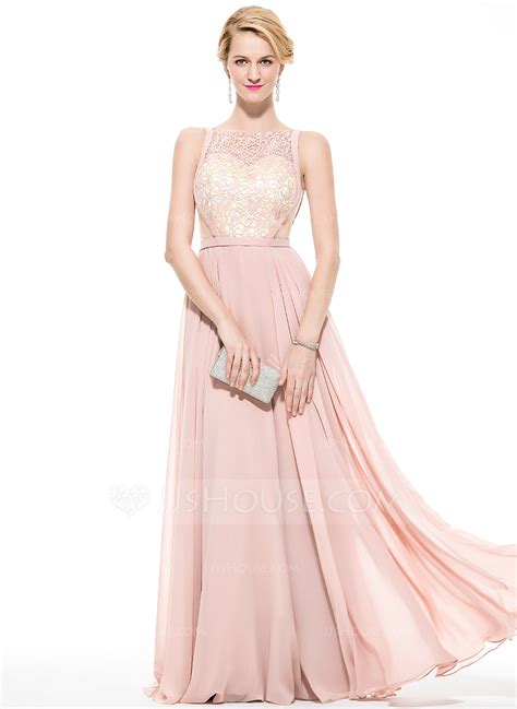 A-Line/Princess Scoop Neck Floor-Length Chiffon Lace Prom Dresses (018075852) - JJ's House