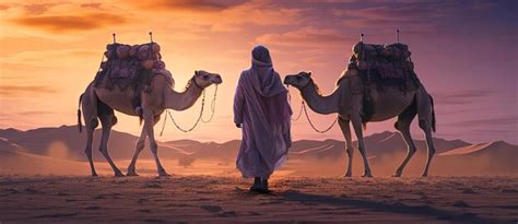 Premium AI Image | man in traditional clothing walks along two camels in the style of beeple