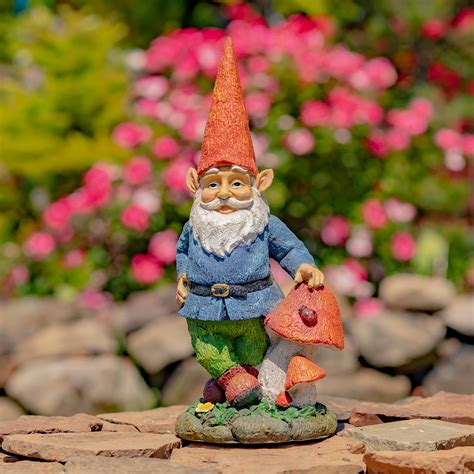 16" Tall Spring Gnome Garden Statue with Mushrooms