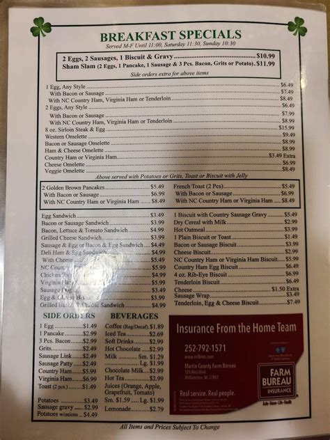 Menu at Shamrock Restaurant, Williamston, 101 West Blvd