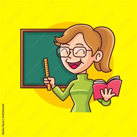 Online Education learning class. Cartoon cute female teacher holding book and pointing to ...