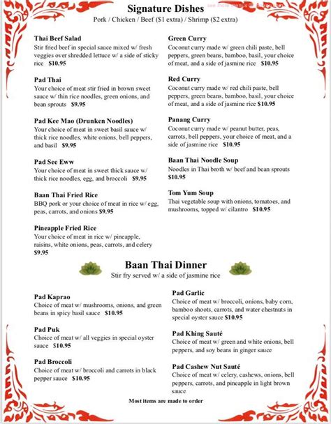 Menu at Baan Thai restaurant, Box Elder