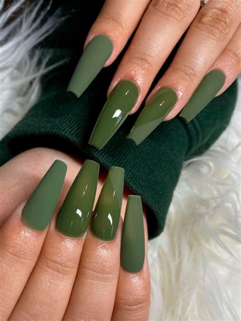 Coffin shaped glossy and matte olive green nails 2020 design for awesome look! - Credit ...