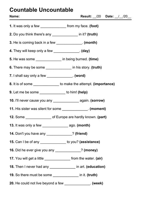 101 Countable Uncountable PDF Worksheets with Answers - Grammarism