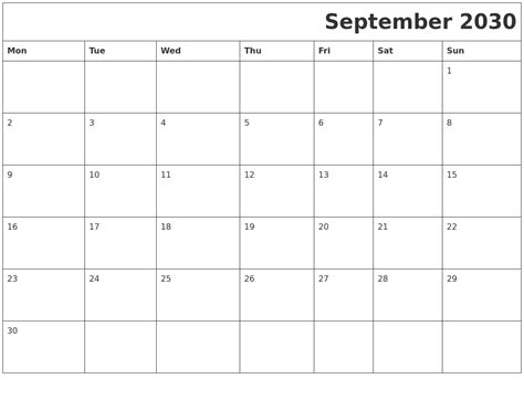 September 2030 Printable Calender