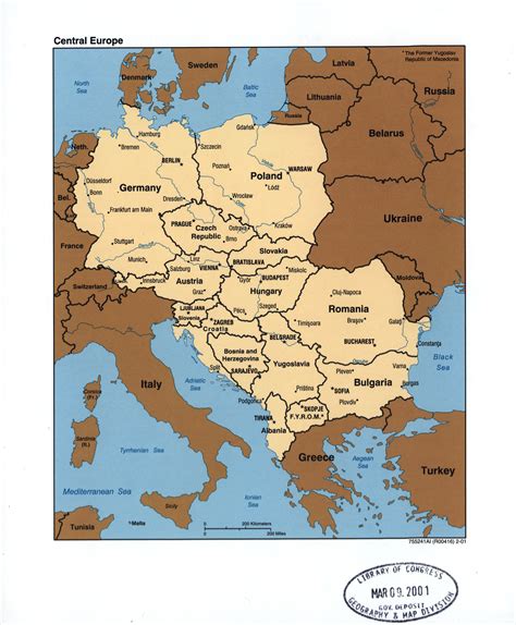 Large detailed political map of Central Europe with the marks of capitals, large cities and ...