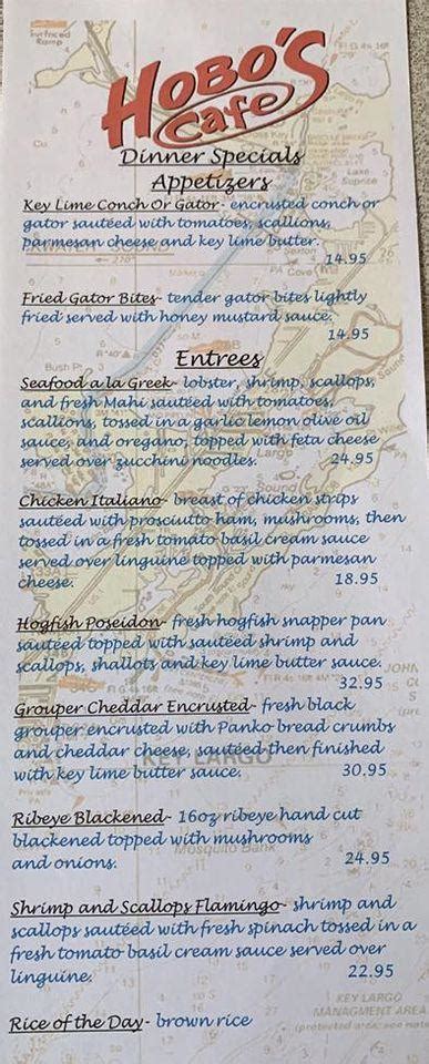 Menu at Hobo's Cafe, Key Largo, Overseas Hwy