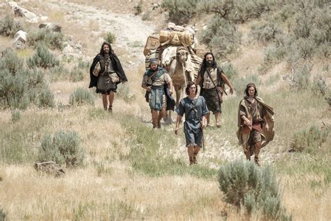 Nephi and his brothers returning to the camp in the wilderness from Jerusalem