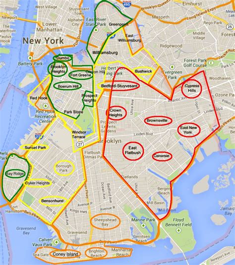 the new york city map with red and green areas highlighted in bright ...