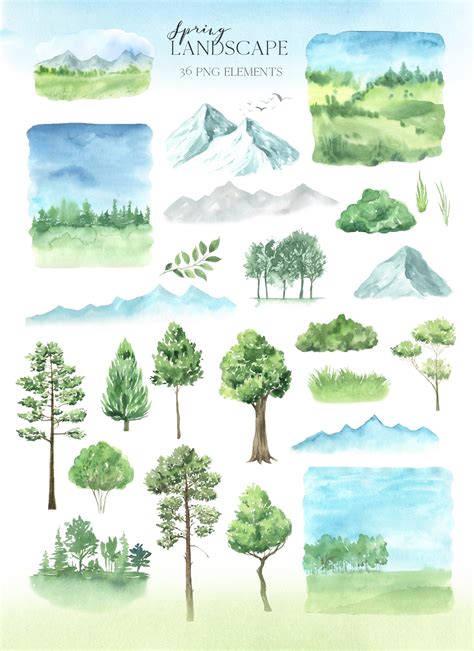 Watercolor Forest Landscape and Trees