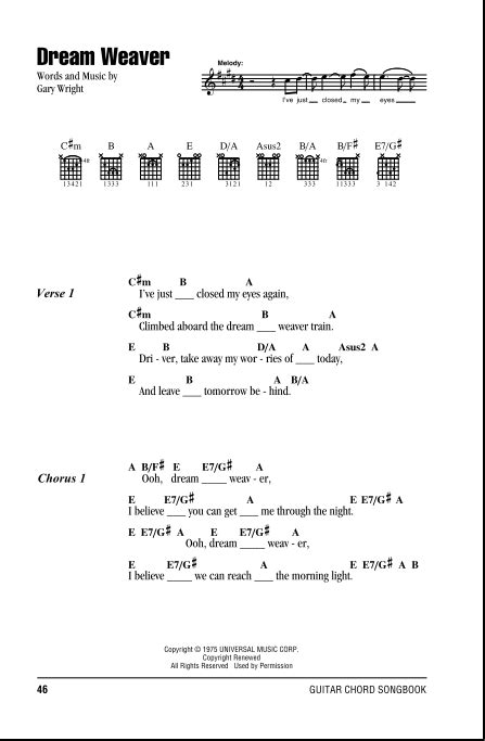 Dream Weaver - Guitar Chords/Lyrics | zZounds