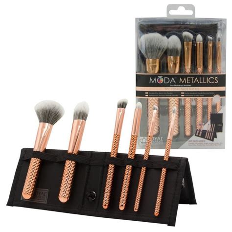 MODA Brush Metallics 7pc Total Face Rose Gold Travel Sized Makeup Brush Set with Travel Flip ...